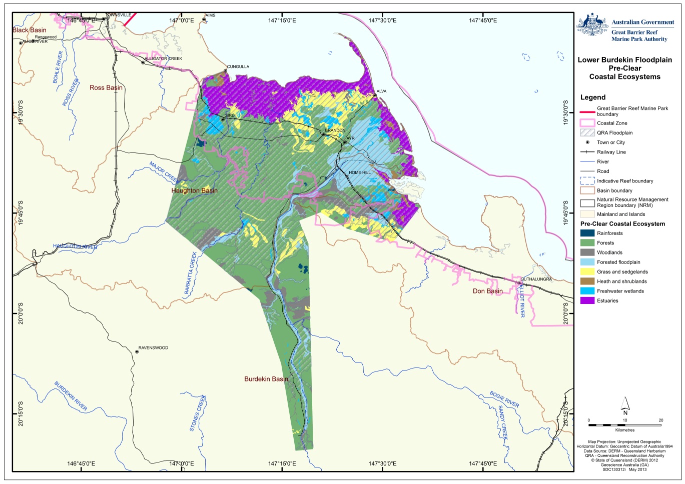 figure 2 is a map showing the lower burdekin floodplain pre-clear coastal ecosystems areas. the coloured sections on the map are described as follows: rainforest, forests, woodlands, forested floodplain, grass and sedgelands, heath and shrublands, freshwater wetlands and estuaries.