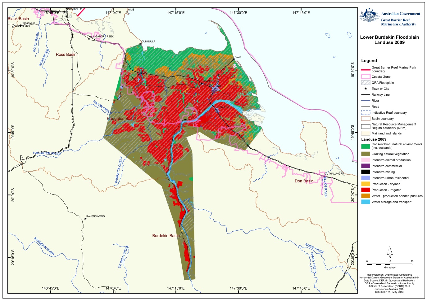 figure 4 is a map showing the broad land use categories in the lower burdekin floodplain. the coloured sections on the map are described within the legend as follows: conservation, natural environments (inc wetlands), grazing natural vegetation, intensive animal production, intensive commercial, intensive mining, intensive urban residential, production-dryland, production-irrigated, water-production ponded pastures & water storage and transport.