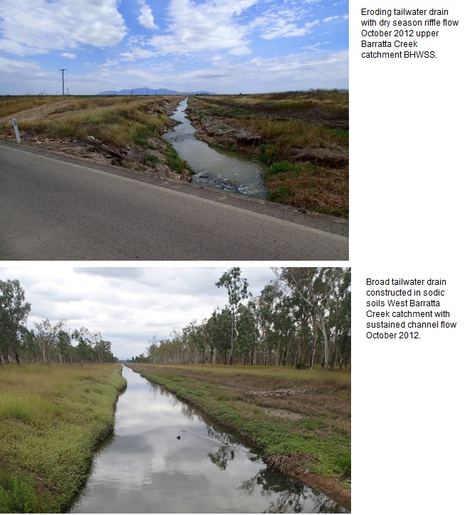 two photographs showing examples of tailwater drains, the first showing a drain with dry season riffle flow, taken in october 2012 on the upper barratta creek catchment bhwss, the second showing a broad tailwater drain constructed in sodic soils on the west barratta creek catchment with sustained channel flow, taken in october 2012.