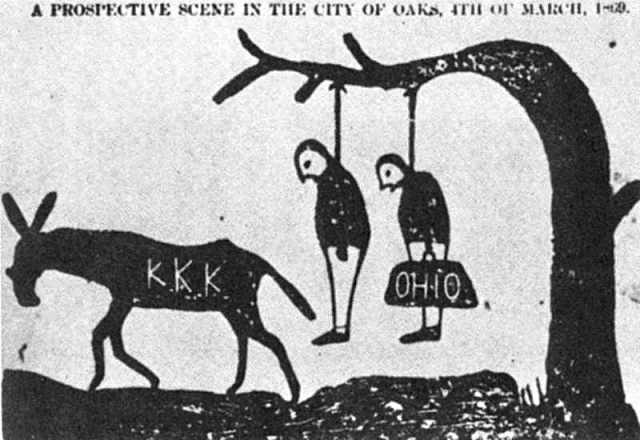 a cartoon threatening that the kkk would lynch carpetbaggers,