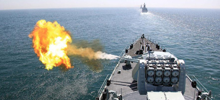 hinese navy missile destroyer ddg-112 harbin fires a shell during the russia-china joint naval exercise in the yellow sea of the pacific ocean, april 26, 2012. (photo: wu dengfeng/xinhua)