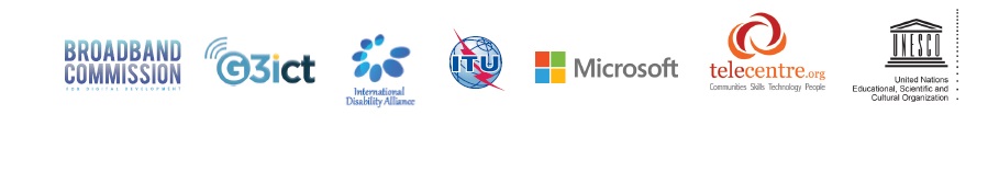 logos of broadband commission for digital development, g3ict, ida, itu, microsoft, the telecentre.org foundation and unesco, (in alphabetical order).