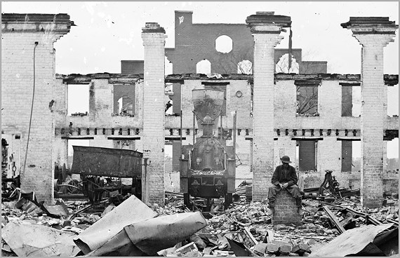 the richmond and petersburg railroad depot near eighth and byrd streets after the evacuation fire of 1865. - the library of congress