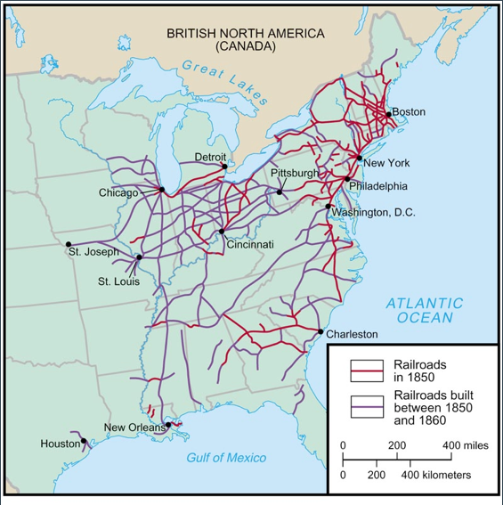 map of railroad lines in u.s. in 1860