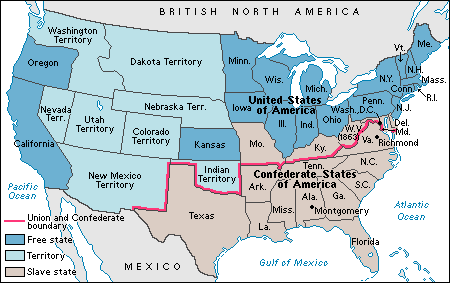 usa map before the start of the civil war in 1861