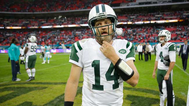 ryan fitzpatrick had the look of a tired man after the jets beat the dolphins during a week 4 contest in london.